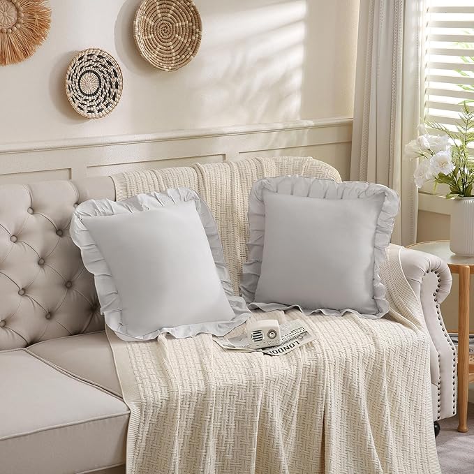 Merryword Beige Gray Pillowcases 18x18 Throw Pillow Covers Pack of 2 Soft Microfiber Ruffle Decorative Pillowcase Cushion for Couch Sofa Bedroom