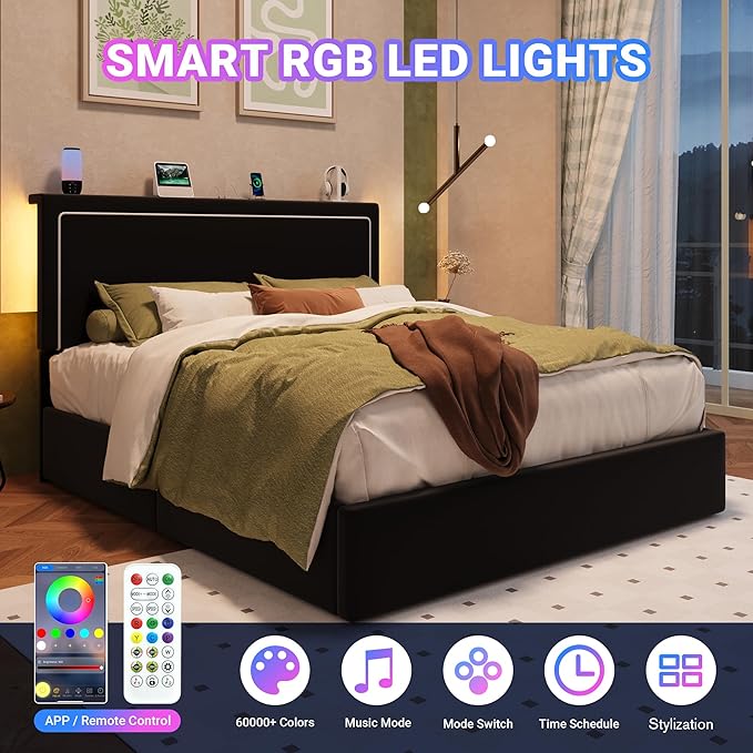 Allewie Full Size Lift Up Storage Bed Frame with Charging Station & LED Lights, Adjustable Velvet Upholstered Storage Headboard, Type-C & USB Ports, Hydraulic Support, No Box Spring Needed, Black