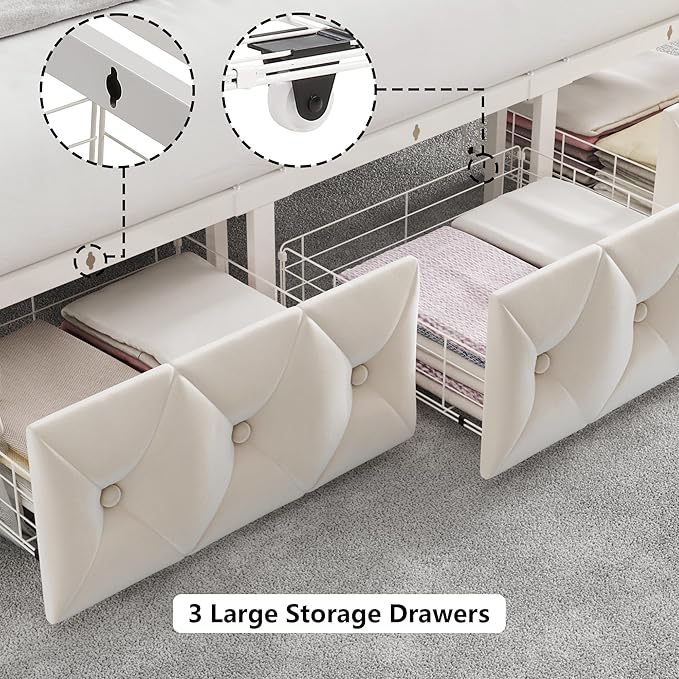 Keyluv King Upholstered Canopy Bed Frame with 3 Drawers and Button Tufted Headboard, Metal Platform Bed with 4 Removable Posts, Two-Purpose Velvet Bed No Box Spring Needed, Beige/Curtains Not Included