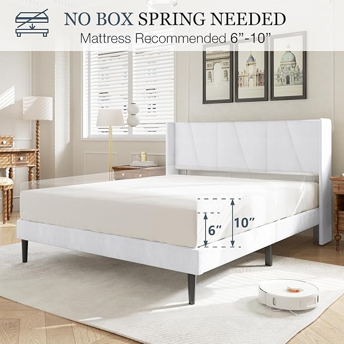 HAOARA Queen Bed Frame with Headboard, Velvet Upholstered Platform Bed Frames with Wingboard, Contemporary Mattress Foundation, Noise Free, No Box Spring Needed, Easy Assembly, White