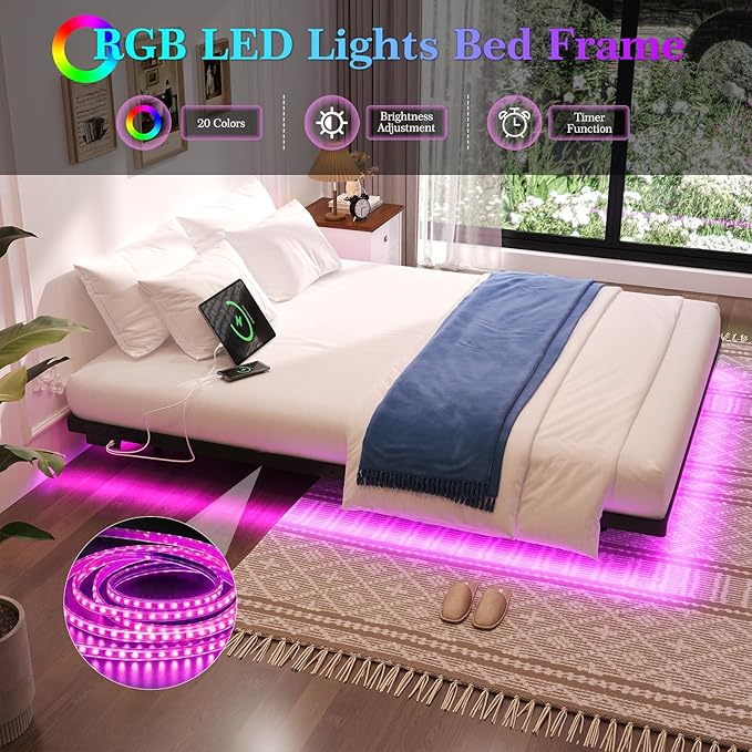 Awesofurni Floating Bed Frame Full Size with Smart LED Lights and Charging Station, Heavy Duty Modern Metal Platform Bed No Box Spring Needed - Easy Assembly and Noise Free