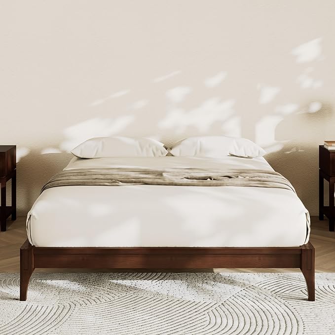 Merax Mid-Century Bamboo Platform Bed, Queen Size Bed Frame with Wood Slat Support, No Box Spring Needed, Easy Tool-Free Assembly, Chocolate