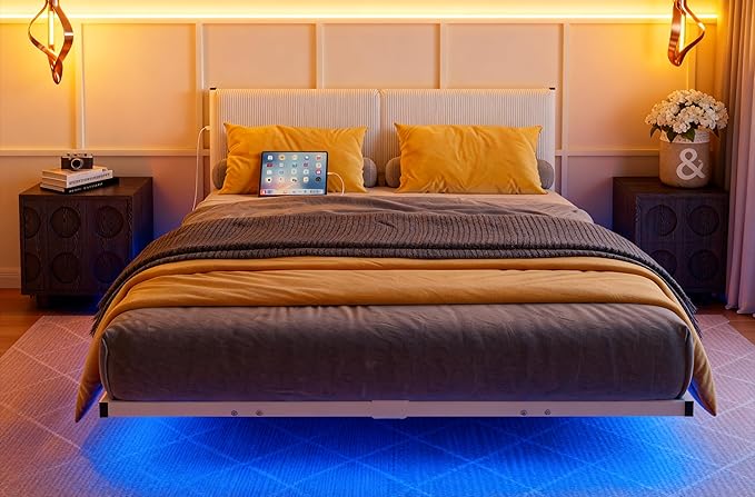 Queen Bed Frame,Floating Bed Frames Queen Size with LED Lights & Charging Station,Modern Queen Platform Bed Frame with Upholstered Headboard,Heavy Duty Steel Slats,No Box Spring Needed,No Noise,White