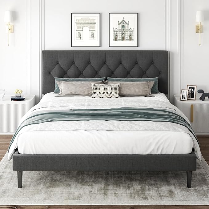 CXVX King Size Platform Bed Frame with Upholstered Headboard, Button Tufted Design, Strong Wooden Slats, No Box Spring Needed, Easy Assembly, Noise Free