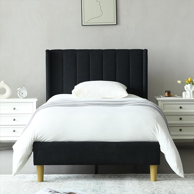 YUHUASHI upholstered Platform Bed Frame/Twin Bed Frame/Modern Geometric Double-Wing Design headboard/Linen Fabric/Easy to Assemble no Noise (Black, Twin)
