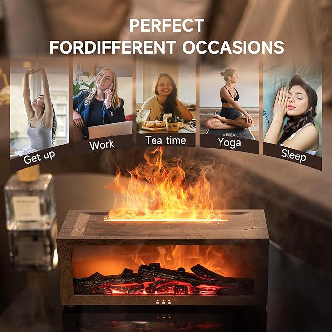 TMEHM Fireplace Flame Air Diffuser Humidifier,7 Colors Aromatherapy Essential Oil Diffuser,Ultrasonic with Timer for Home,Bedroom,Office,Yoga (Dark Wood Grain)