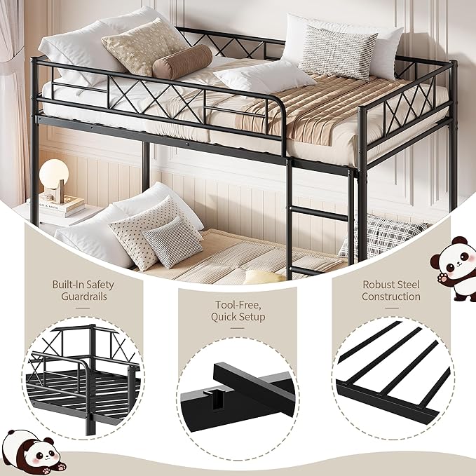 Garvee Bunk Bed Twin Over Twin for Adults & Teens, Heavy Duty 2-Tier Bed with Stairs, Full-Length Guardrail & Metal Slats, No Box Spring Required, Space Saving, Matte Black