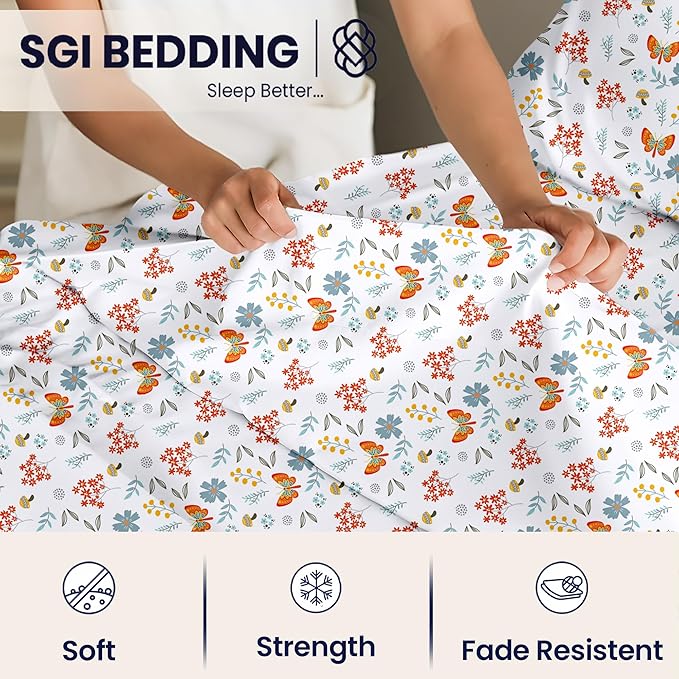SGI Split King Sheet Set for Adjustable Bed Egyptian Premium Cotton 600 Thread Count Sheets for Sleep Number Bed 15" Deep Pocket 5 Pc Set with 2 Twin XL Fitted Sheets Soft Breathable -Butterfly Garden