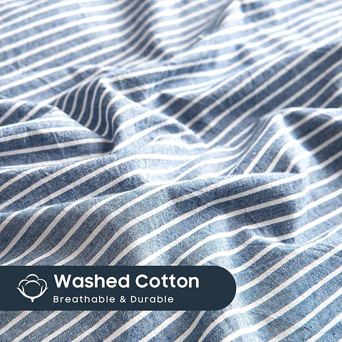 Wake In Cloud - Striped Cotton Duvet Cover Set, 100% Washed Cotton Textured Percale Bedding Set, Ticking Stripe Pinstripe Farmhouse, 3 Pieces, Denim Blue, King Size
