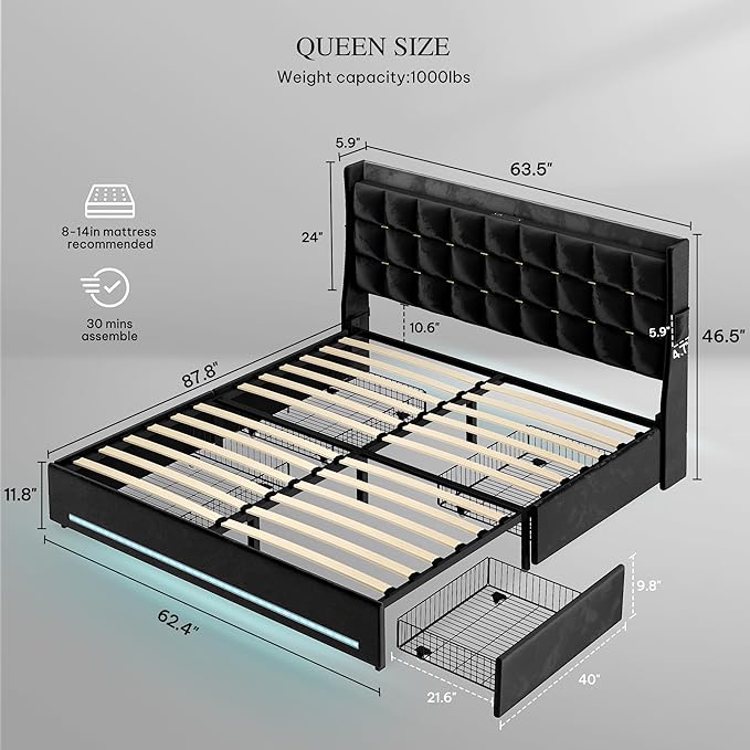 DWVO Queen Size Bed Frame with 4 Drawers and RGB LED Lights, Velvet Upholstered Platform Bed with Charging Station and Storage Headboard, No Box Spring Needed, Easy Assembly, Noise-Free, Black