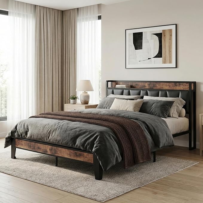 LIKIMIO Full Size Bed Frame, Storage Headboard with Charging Station, Solid and Stable, Noise Free, No Box Spring Needed, Easy Assembly (Vintage and Black)