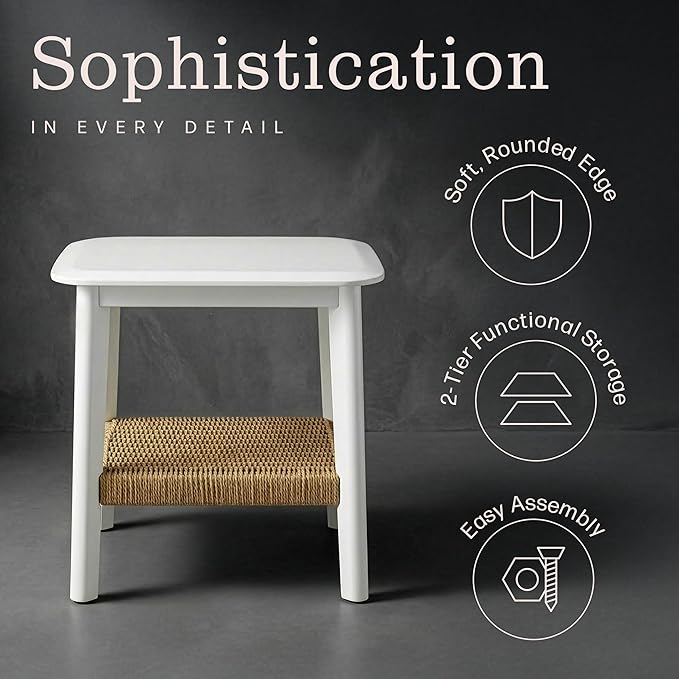 Alaterre Furniture Calais 2-Tier Small End Table with Woven Storage Shelf – Mid Century Modern Wooden Nightstand or Side Table for Small Spaces, Living Room & Bedroom (White)