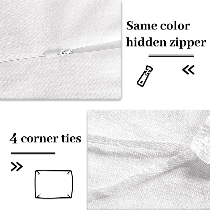 NEXHOME PRO Cotton Duvet Cover Queen Size White, Organic Natural Linen Feel 100% Washed Cotton 3 Pieces Bedding Set with Zipper Closure & Corner Ties, Breathable(No Comforter)