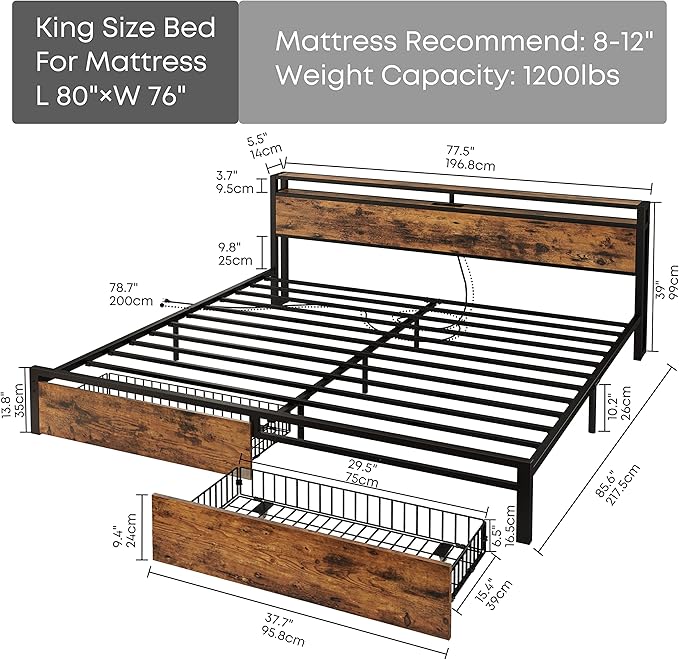 LIKIMIO King Bed Frame with Storage Headboard, Platform Bed with Drawers and Charging Station, No Box Spring Needed, Easy Assembly, Vintage Brown