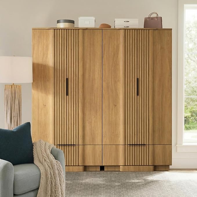 Brafab 67" Fluted Armoire Wardrobe Closet with Drawers and Doors, Wooden Wardrobe Cabinet with Adjustable Shelves, Modern Storage for Clothes, Dream Wardrobe Wall for Bedroom, Natural (3 pcs)