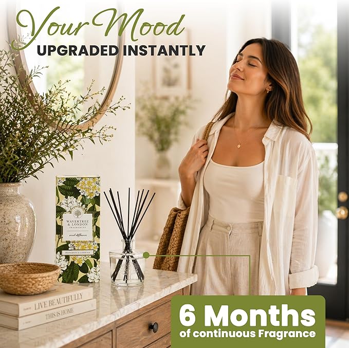 Wavertree & London Natural Frangipani & Gardenia Scented Reed Diffusers Set - Lasting Aromatherapy Air Freshener Diffuser with Sticks for Home & Office, 250ml Scented Diffuser with 6 Months Scent Life