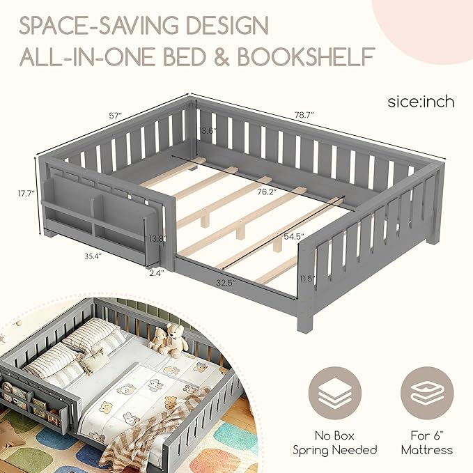 Bellemave Full Size Floor Bed Frame with Fence & Bookshelf, Solid Pinewood Montessori Floor Bed Full with Slats Load 450LBS, Low Profile Floor Bed for Kids, Bedroom, Nursery, Easy Assembly, Grey
