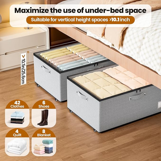 Dayacoco Under Bed Storage With Wheels,10 Inches Under Bed Storage Containers,65L Large Capacity,No Assembly Required Rolling Under Bed Storage for Clothes,Blankets,Shoes,Grey