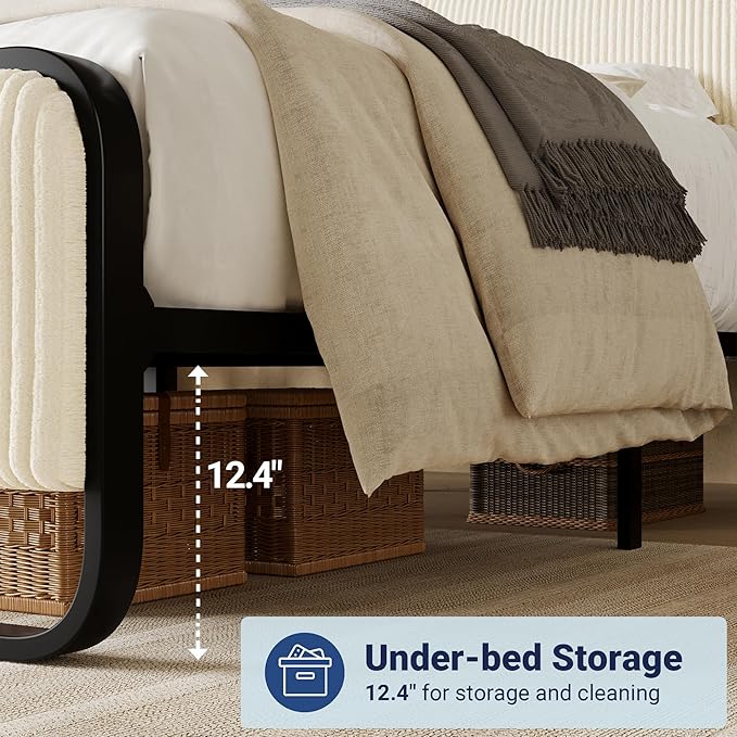 Allewie Full Size Metal Bed Frame with Curved Corduroy Upholstered Headboard and Footboard, Platform Bed Frame with 12.4" Under Bed Storage, No Box Spring Needed, Boho Style, Cream