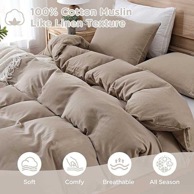 TOCOMOA Muslin Duvet Cover 100% Cotton Like Linen Texture Breathable Soft Comfy 3-Piece Taupe Comforter Cover Bedding Set (King 104"x90", Comforter Not Included)