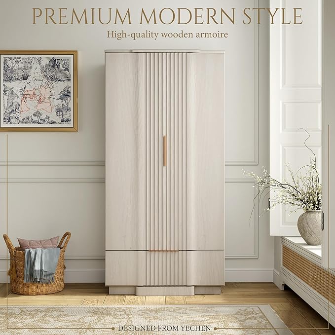 Yechen 67" Fluted Armoire Wardrobe Closet Set of 3 with Doors and Drawer, Wooden Wardrobe Closet Cabinet with Adjustable Shelve, Modern Small Armoires Storage Clothes, Coats for Bedroom, White, 3pcs