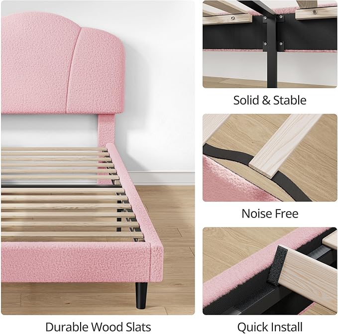 LIKIMIO Twin Size Bed Frame Sef of 2, Upholstered Twin Platform Bed with Headboard Lamb Velvet Twin Beds, No Box Spring Needed with 800LBS Sturdy Wooden Slats Support, Noise Free, Easy Assembly, Pink