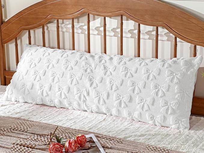 SmoothNovelty Cream White Bow Body Pillow Cover 20 x 54 Inches Coquette Long Body Pillowcase with Zipper Closure Coquette Room Decor Cute Faux Fur Soft Aesthetic Pillow Covers for Bed Sofa Couch