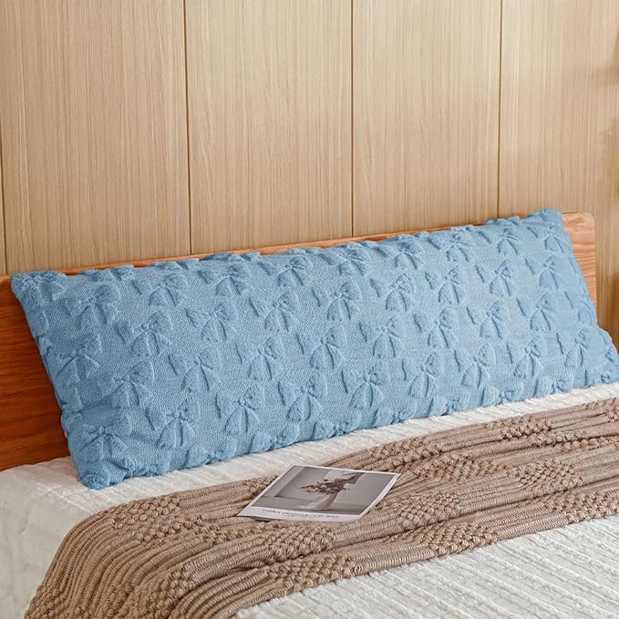 SmoothNovelty Blue Bow Body Pillow Cover 20 x 54 Inches Coquette Long Body Pillowcase with Zipper Closure Coquette Room Decor Cute Faux Fur Soft Aesthetic Pillow Covers for Bed Sofa Couch