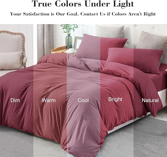 PURE ERA Jersey Knit Duvet Cover Set 100% T-Shirt Cotton Super Soft Comfy 3pc Bedding Set with Zipper Closure (Heather Burgundy Red, Queen)