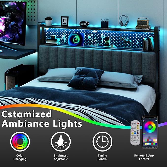 VINGLI Full Size Headboard with 2 Shelves, Adjustable Upholstered Headboard with Pegboard, Charging Stations and LED Lights, Modern Bed Headboard with Storage for Bedroom Decor, Dark Gray