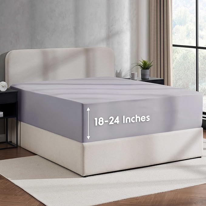 Nestl 4 Pack Grey Lavender Fitted Sheet Extra Deep Pocket, Hotel Luxury FullFitted Sheet Only Easily Fits 18 to 24 Inch Mattress, Super Soft, Wrinkle-Free and Breathable with Corner Straps