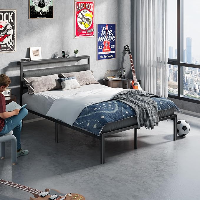 OURPIC Full Size Bed Frame, Bed Frame Full with LED Lights and Charging Station Headboard, Black Metal Platform Bedframe and Storage Shelf, No Box Spring Needed, Noise Free
