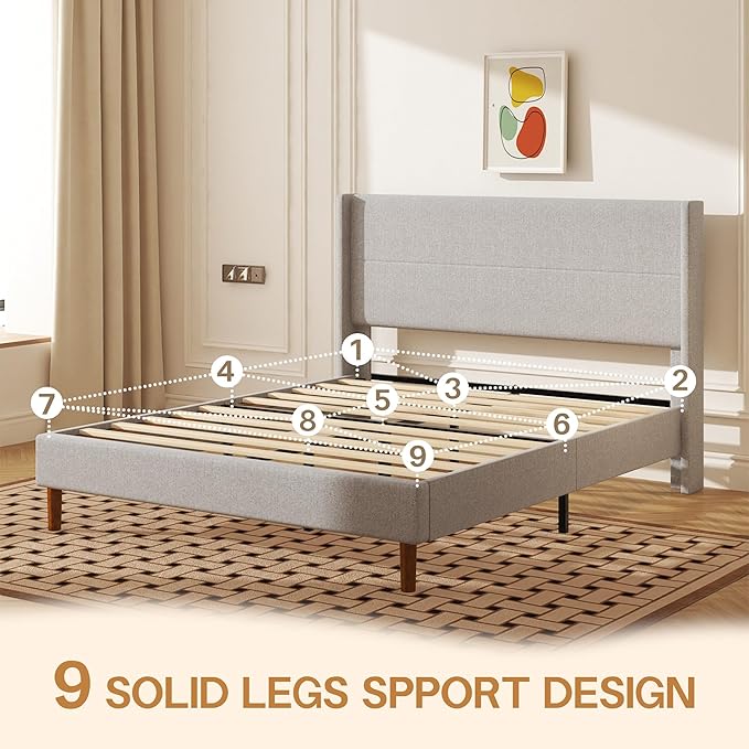Queen Size Bed Frame, Linen Upholstered Platform with Wingback Headboard, Wooden Slats Support, No Box Spring Needed, Easy Assembly, Lightgrey