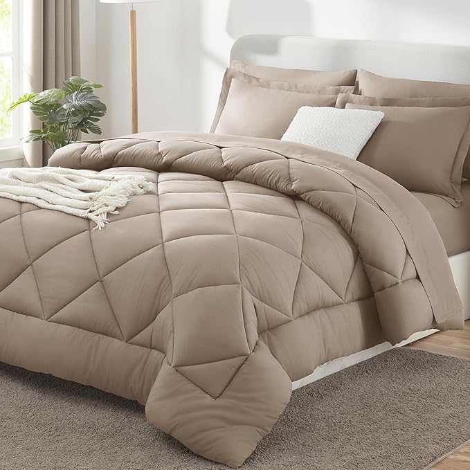 CozyLux Oversized Queen Comforter Set Khaki - 7 Pieces Bed in a Bag Comforter Set with Sheets, Luxury Soft Bed Set, Bedding Set with Down Alternative Comforter, Sheets, Pillowcases & Shams