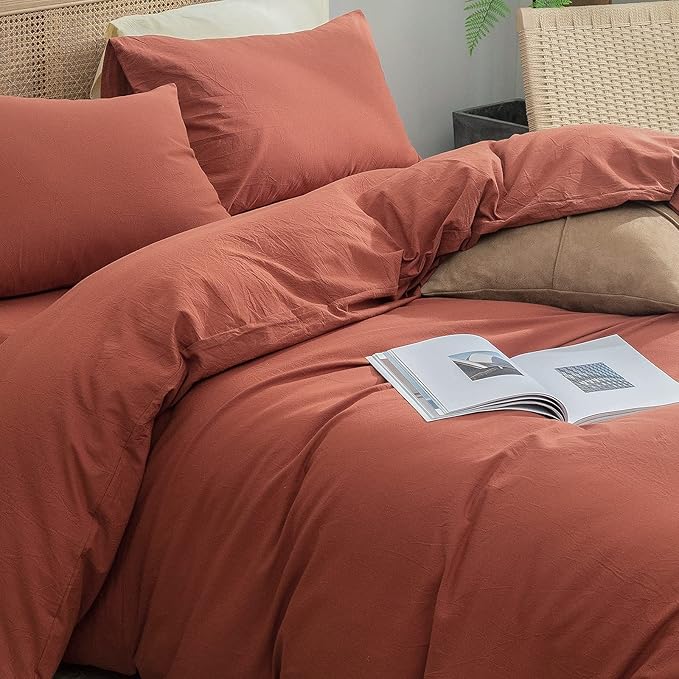 BESTOUCH Duvet Cover Set 100% Washed Cotton Linen Feel Super Soft Comfortable Chic Lightweight 2 PCs Home Bedding Set Solid Crimson Red Twin/Twin XL