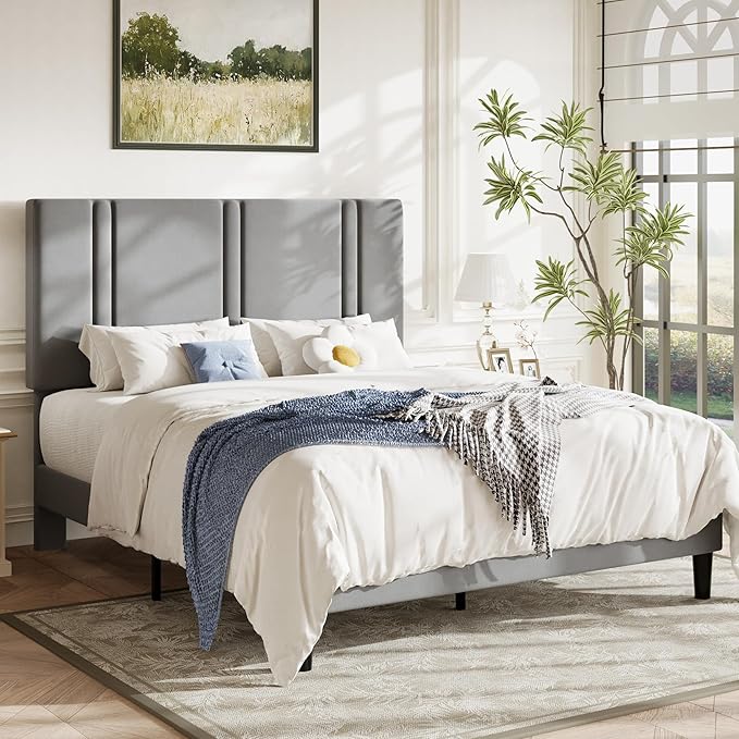 Allewie Queen Platform Bed Frame with Adjustable Headboard, Plush Velvet Upholstered, Vertical Channel Tufted, Sturdy Wooden Slats, No Box Spring Needed, Easy Assembly, Grey