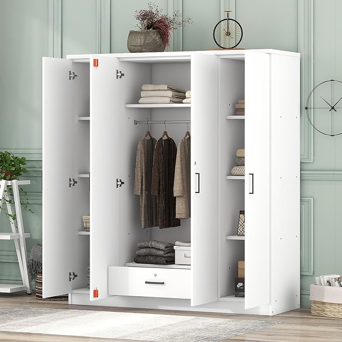 67.9" H Large Wardrobe Closet with 4 Doors, Freestanding Armoire Wardrobe Closet with Locking Drawer, Shelves and Hanging Rod, Wooden Bedroom Coat Closets Cabinet for Clothes, White