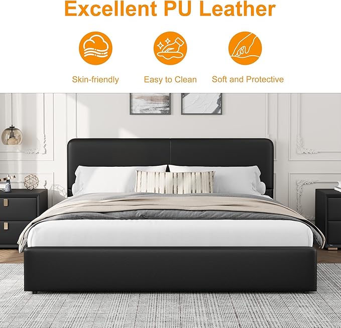 GarveeHome Modern Upholstered Platform Bed Frame with Headboard and Storage Drawers – PU Black Faux Leather, Sturdy Wooden Slat Support, Noise-Free, No Box Spring Needed, Easy Assembly – King Size, PU