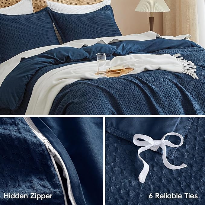 PHF Waffle Weave Duvet Cover Set Twin/Twin XL Size, No Snagging Soft Luxury Textured Breathable Comforter Cover for All Season 2pcs, Durable Bedding Duvet Set with 1 Pillow Sham, 68"x90", Navy Blue