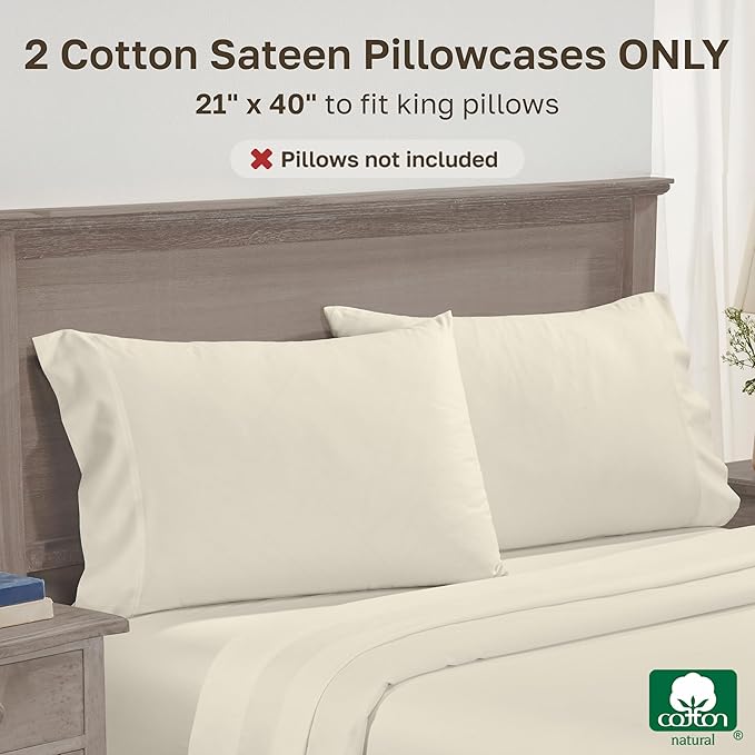 California Design Den Luxuriously Soft Premium 600 Thread Count, 100% Cotton Set of 2 Cases, Crisp King Size Pillow Case Set of 2, Fits King Pillows - Cream (Warm Ivory)