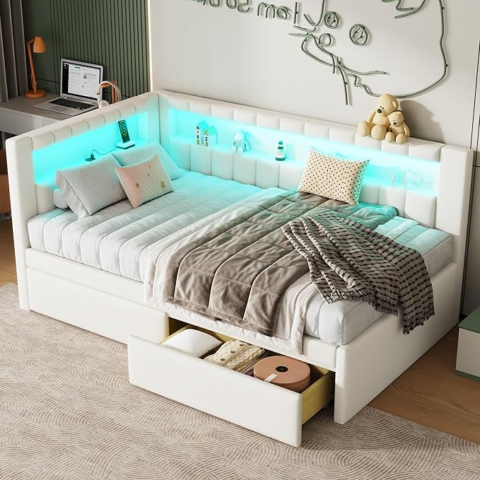 Merax Modern Upholstered Platform Bed Frame with USB Ports & Storage Drawers, Floor Sofa Day Bed, No Box Spring Needed/Easy Assemble/Twin,White