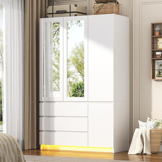 3 Doors Armoire Wooden Wardrobe Closet with 3 Drawers & 2 Mirror, 75"H Clothing Storage Cabinet with Hanging Rod,Modern Bedroom Large Freestanding Armoires with Led Lights for Bedroom,White