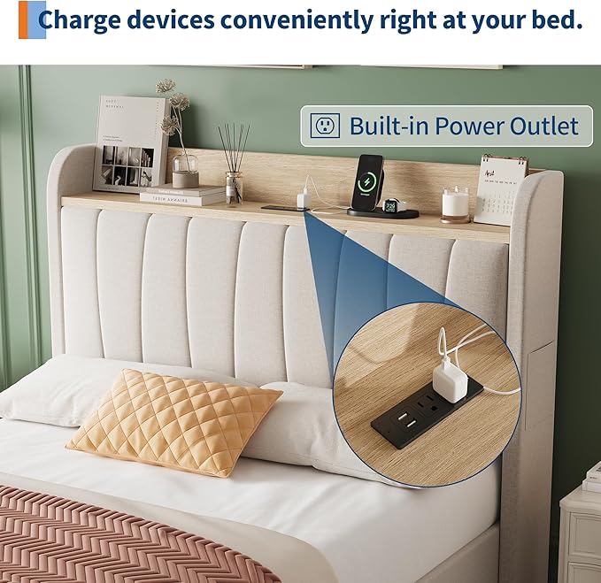 Garvee Upholstered Platform Bed Frame with Storage Headboard, Integrated Charging Station (2 USB Ports & AC Outlets), Spacious Drawers, Heavy Duty, Easy Assembly, Noise-Free - Queen/King, Grey/Beige