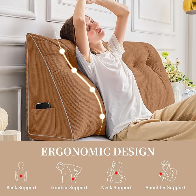 Sasttie Headboard Pillow King, Wedge Pillow Headboard for Sitting Up in Bed, Back-Rest Support Triangular Cushion for Reading - Features Removable Washable Cover, Caramel