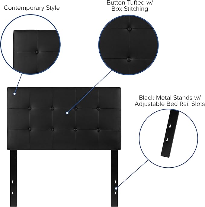 Flash Furniture Lennox Adjustable Height Button Tufted and Box Stitch Upholstered Twin Size Headboard in Black Vinyl