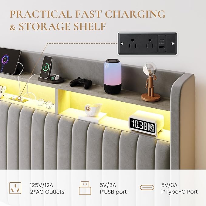 SHA CERLIN King Size Lift Up Storage Bed Frame/LED Lights/Charging Station/2-Tier Shelves Headboard/USB,Type-C Ports/Velvet Upholstered/Hydraulic Support/No Box Spring Needed/Noise Free/Gray