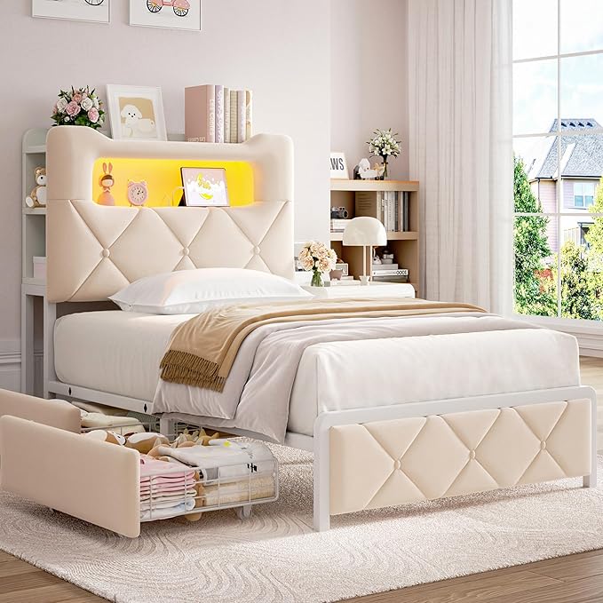 Twin Upholstered LED Bed Frame with 2 Storage Drawers and 2-Tier Storage Bookcase Headboard, Velvet Princess Platform Bed for Kids/Girls/Boys, Corner Bed Frame, Heavy Duty Metal Support, Beige