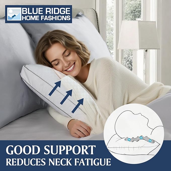 Blue Ridge Home Fashions Medium Soft Bed Pillows Queen Size Set of 2, 400 Thread Count 100% Cotton, Never Go Flat Down Alternative Gusseted Support Pillow for Back or Side Sleepers, Standard, White