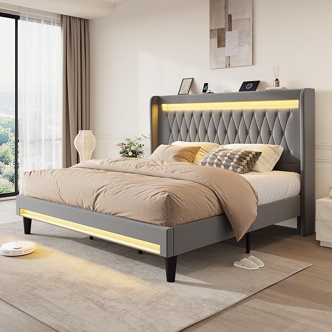 SHA CERLIN King Size LED Bed Frame with Charging Station, Velvet Upholstered Platform Bed with High Wingback Headboard, No Box Spring Needed, Easy Assembly, Grey