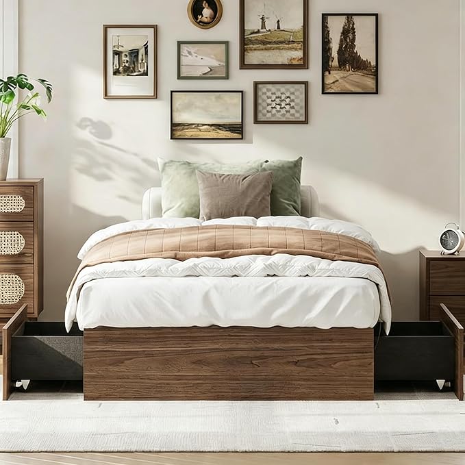 IDEALHOUSE Twin XL Bed Frame with 2 Storage Drawers, Wooden Bed Frame Without Headboard, Minimalist Floor Platform Bed, Wood Slat Support, Noise Free, No Box Spring Needed, Easy Assembly